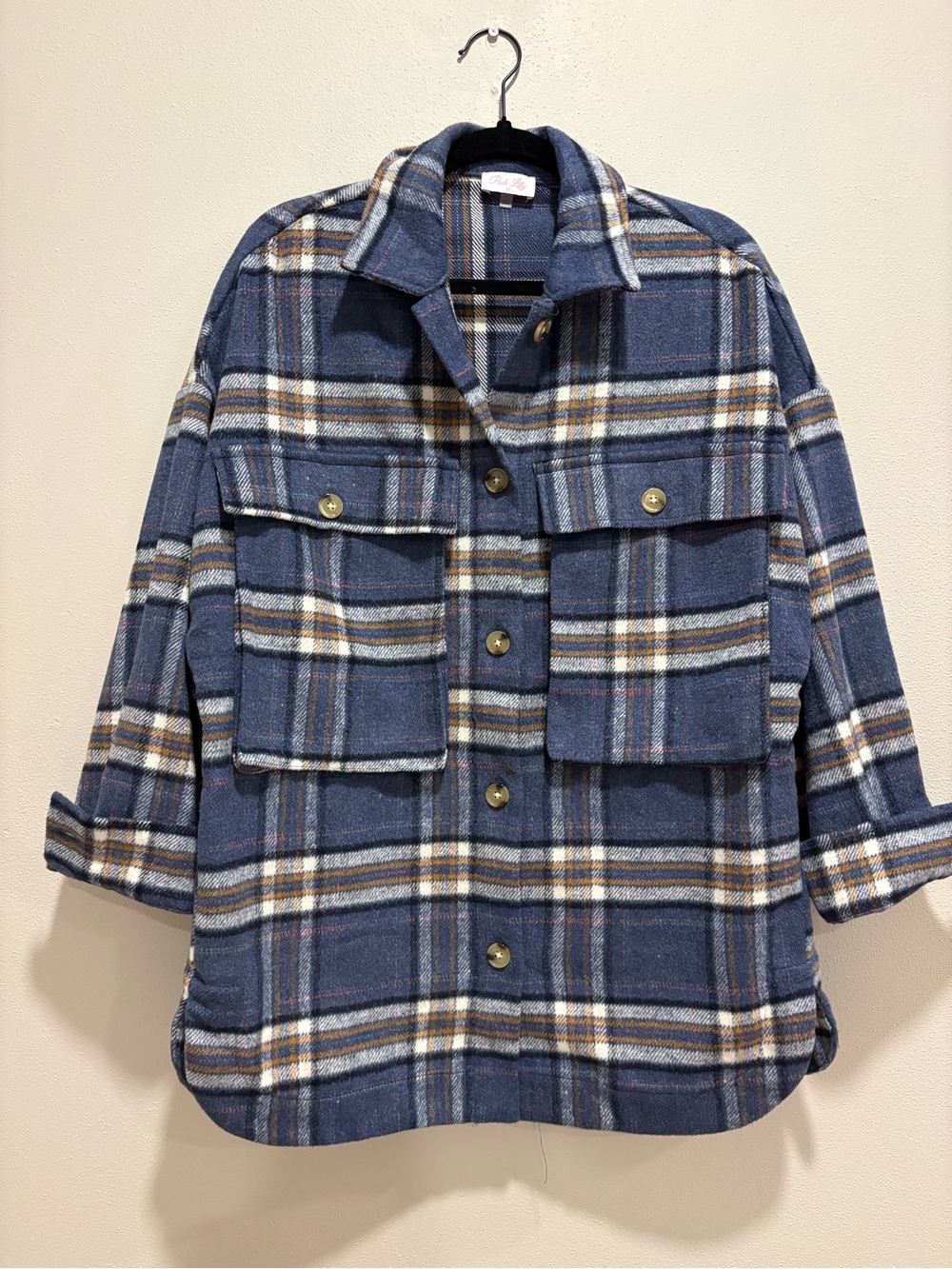 Pink Lily oversized medium plaid wool blend shacket
